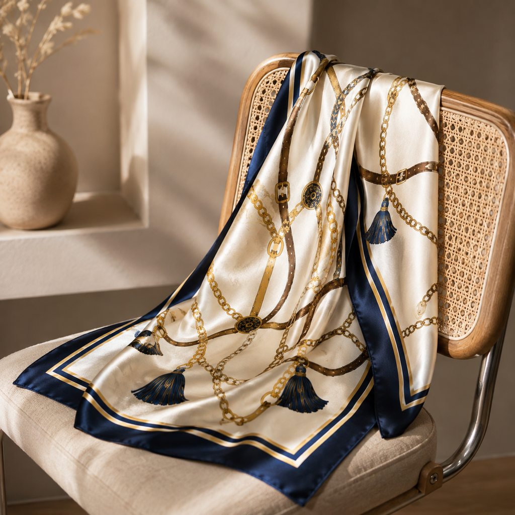 Cream Gold Print Silk Handwoven Scarf 90×210cm