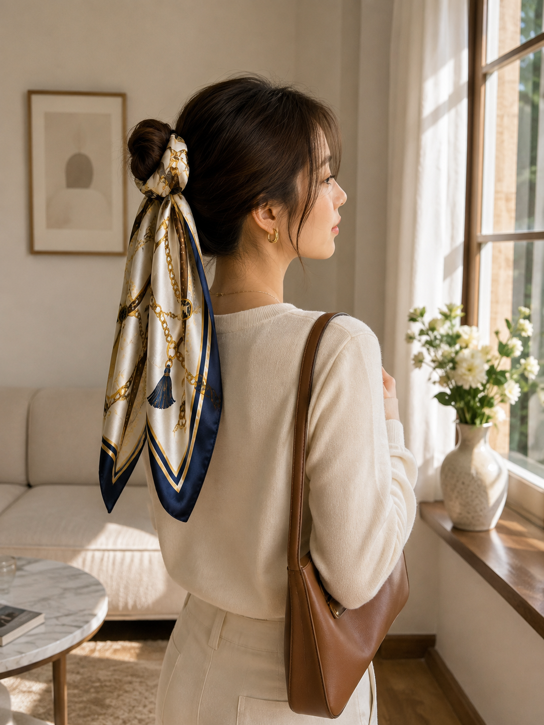 Cream Gold Print Silk Handwoven Scarf 90×210cm