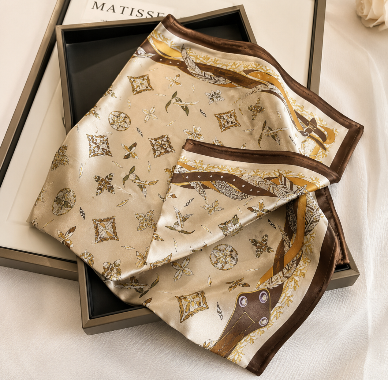 Rose Gold Print Silk Handwoven Scarf 70×180cm