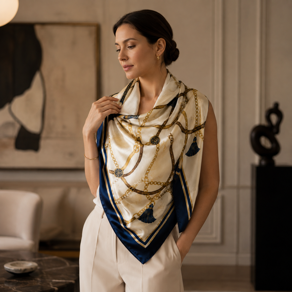 Cream Gold Print Silk Handwoven Scarf 90×210cm