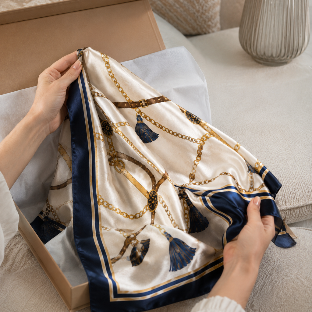 Cream Gold Print Silk Handwoven Scarf 90×210cm