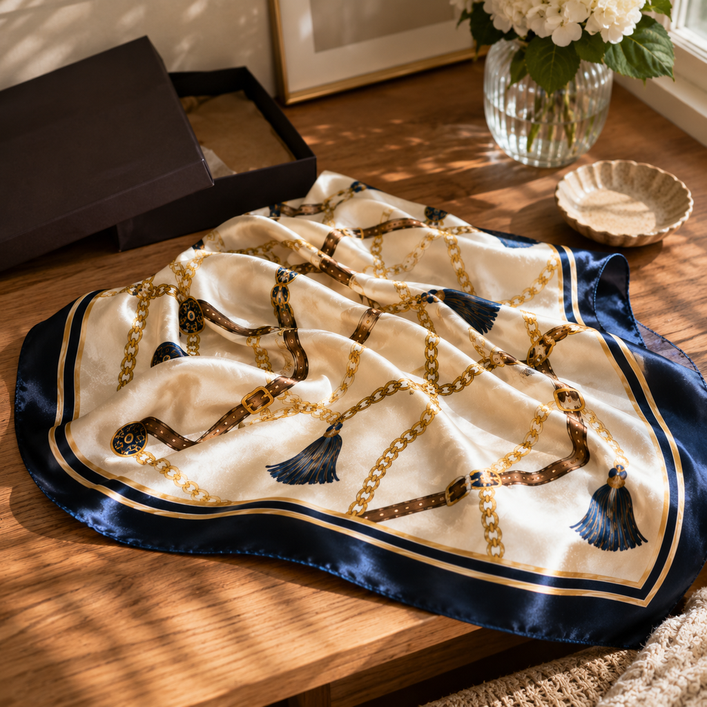 Cream Gold Print Silk Handwoven Scarf 90×210cm