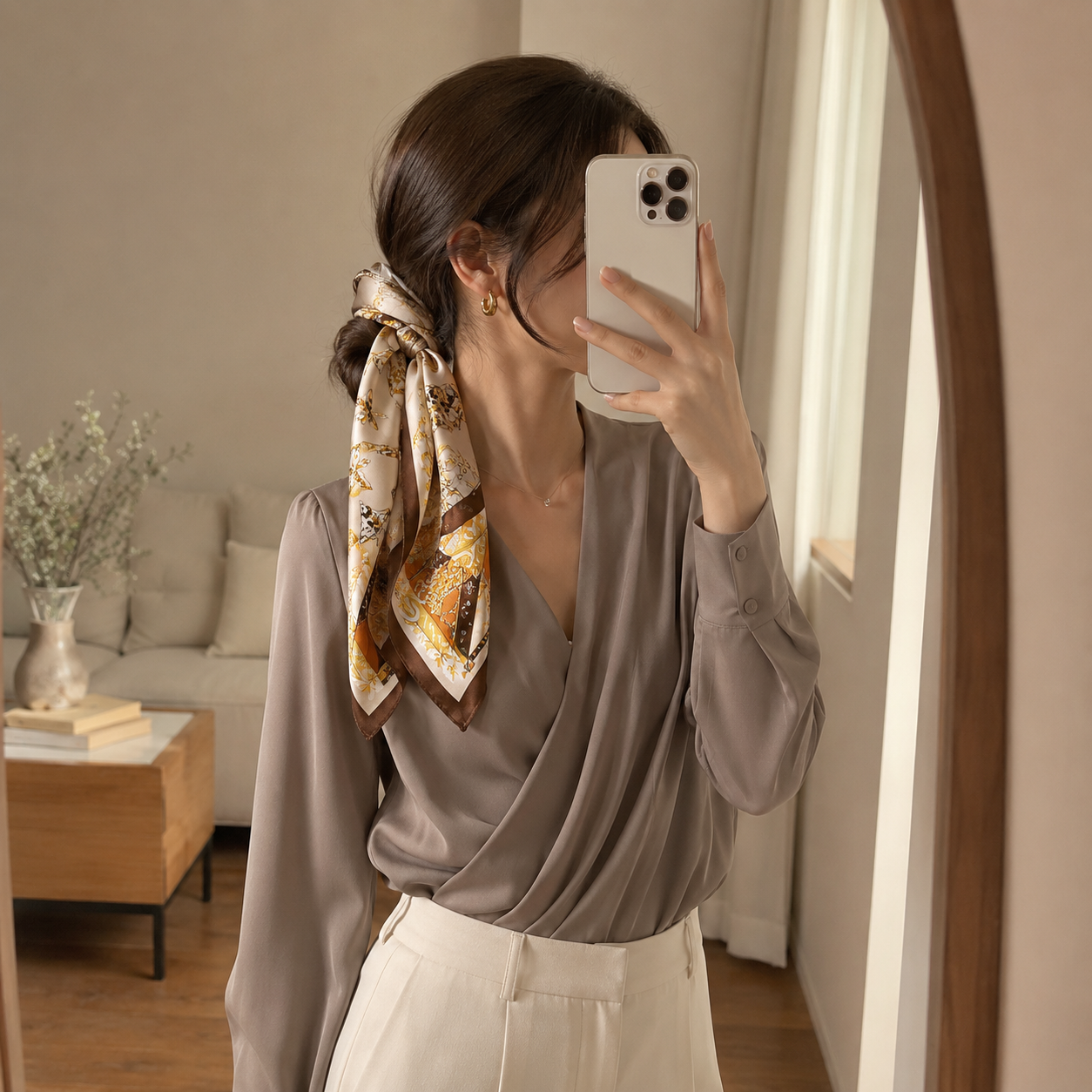 Rose Gold Print Silk Handwoven Scarf 70×180cm