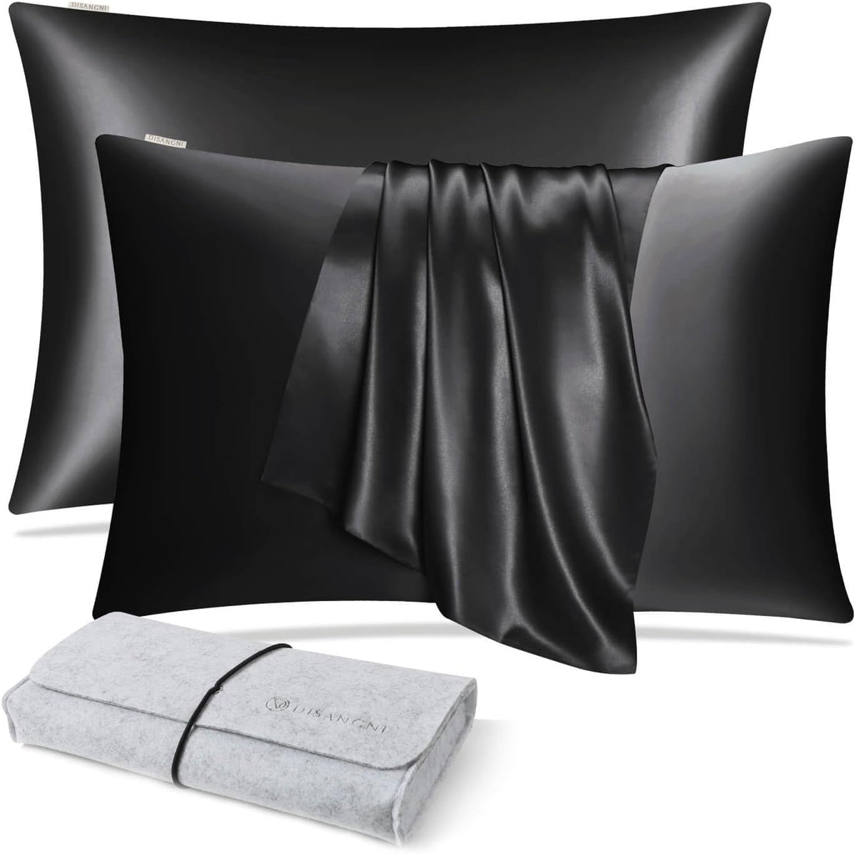 DISANGNI 100% Natural Mulberry Silk Pillow case for Hair and Skin with Hidden Zipper 22 Momme Both Sides Real Silk Pillow Case (2pc Standard Size 20" x26", Dark Gray)