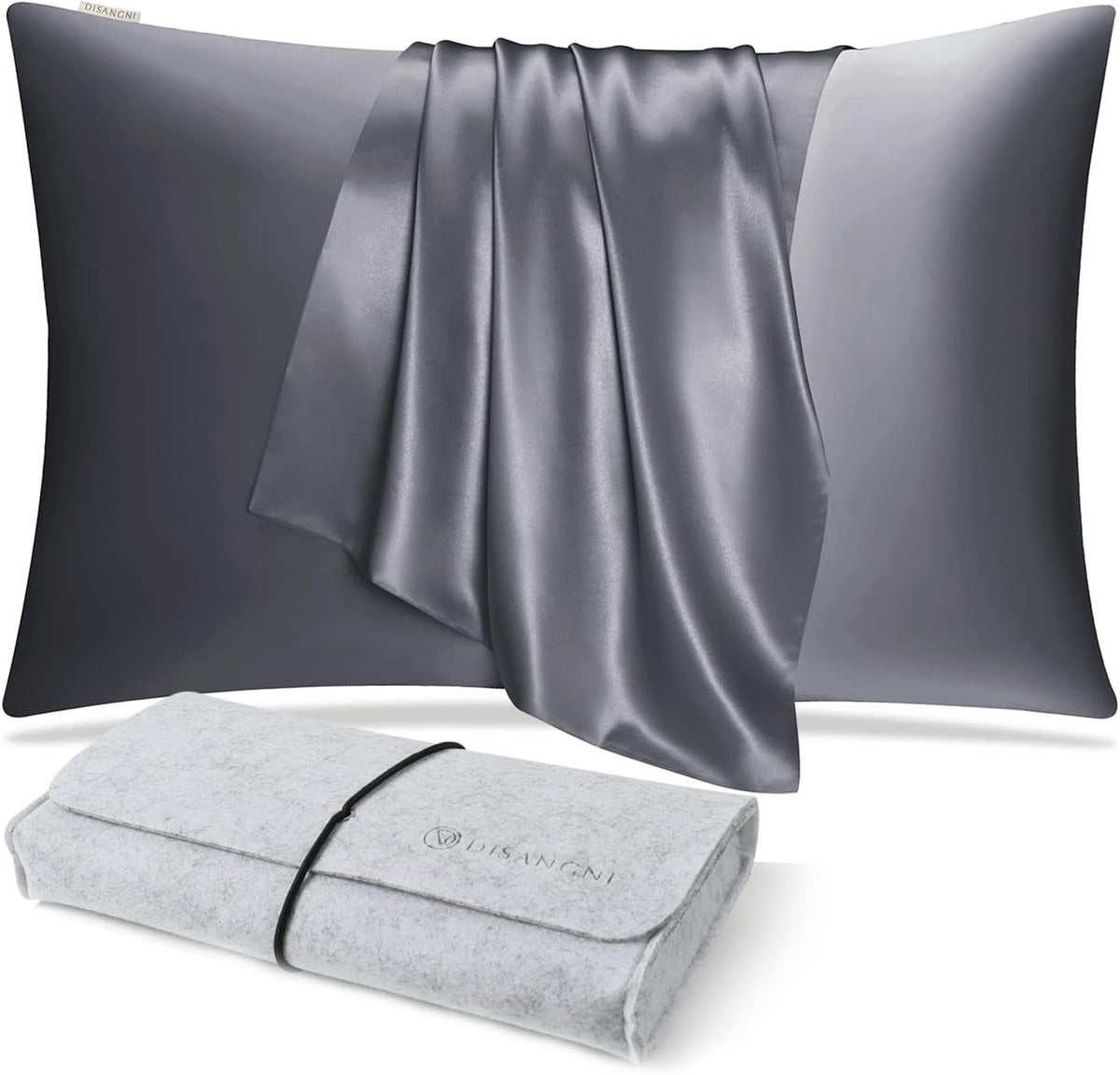 DISANGNI 100% Natural Mulberry Silk Pillow case for Hair and Skin with Hidden Zipper 22 Momme Both Sides Real Silk Pillow Case (2pc Standard Size 20" x26", Dark Gray)