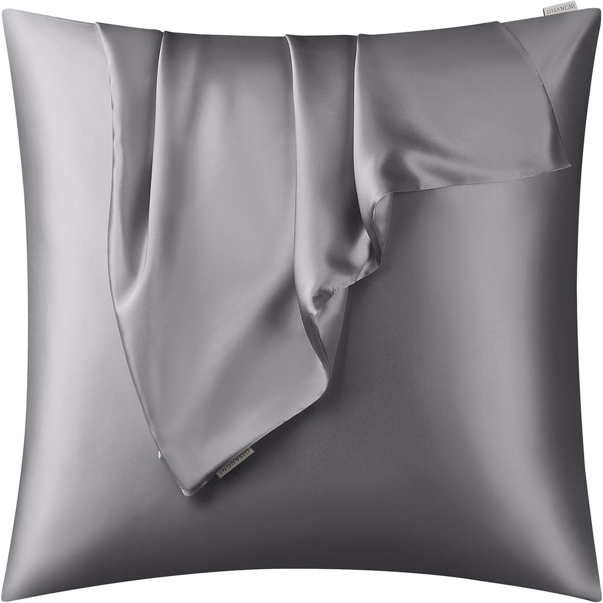 DISANGNI 100% Natural Mulberry Silk Pillow case for Hair and Skin with Hidden Zipper 22 Momme Both Sides Real Silk Pillow Case (2pc Standard Size 20" x26", Dark Gray)