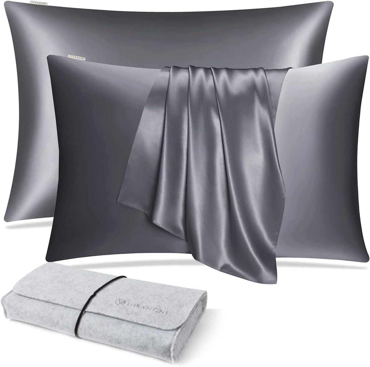 DISANGNI 100% Natural Mulberry Silk Pillow case for Hair and Skin with Hidden Zipper 22 Momme Both Sides Real Silk Pillow Case (2pc Standard Size 20" x26", Dark Gray)