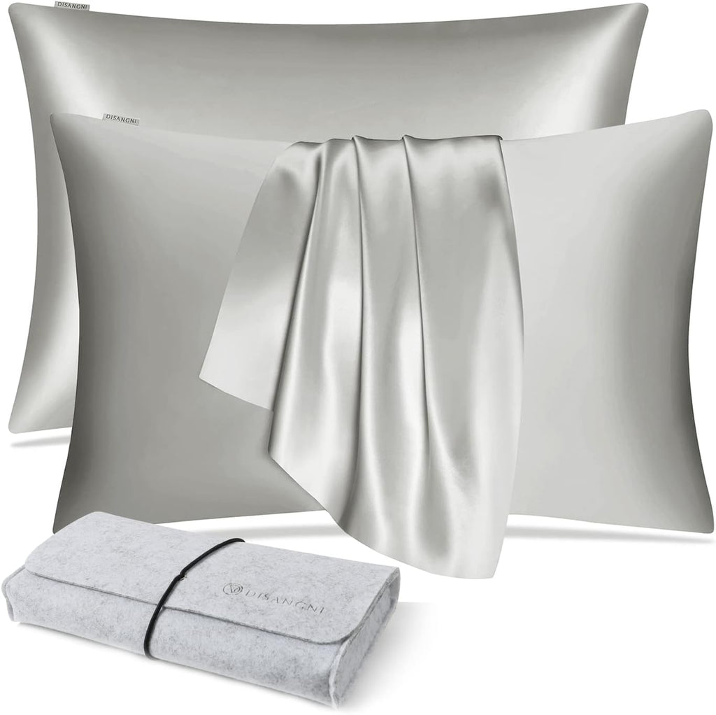 DISANGNI 100% Natural Mulberry Silk Pillow case for Hair and Skin with Hidden Zipper 22 Momme Both Sides Real Silk Pillow Case (2pc Standard Size 20" x26", Dark Gray)