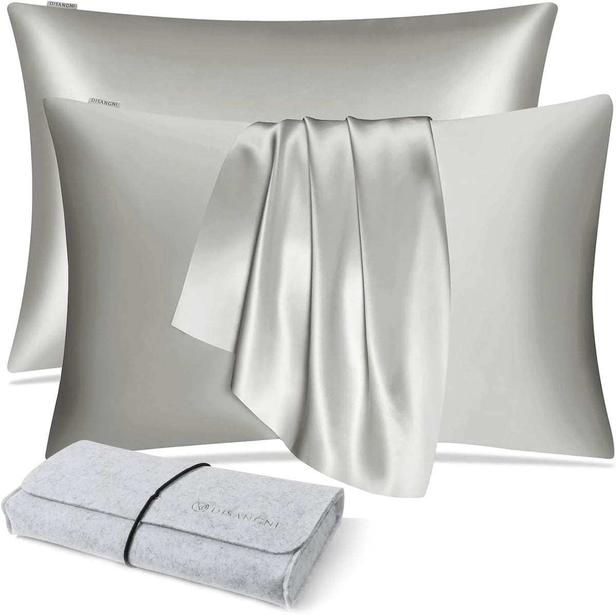 DISANGNI 100% Natural Mulberry Silk Pillow case for Hair and Skin with Hidden Zipper 22 Momme Both Sides Real Silk Pillow Case (2pc Standard Size 20" x26", Dark Gray)
