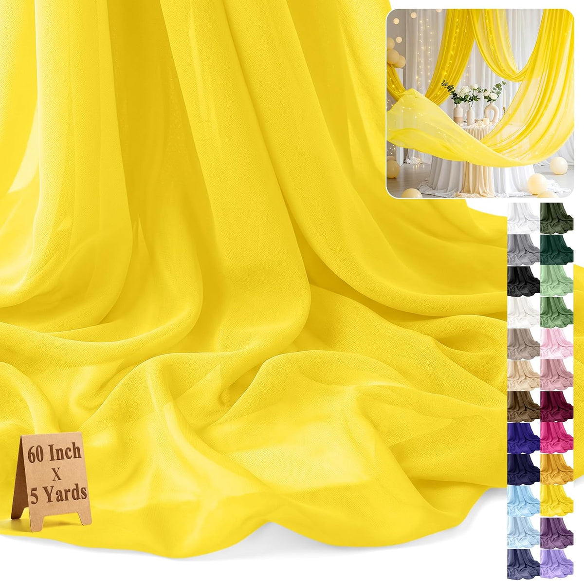 Chiffon Fabric by The Yard 60" x 5 Yards, Soft Sheer Draping (Amber Yellow)