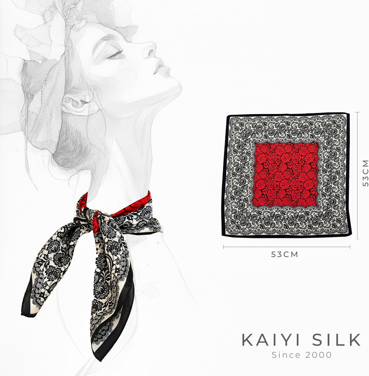 KY Stories 53x53CM 100% Pure Mulberry Silk Scarf for Women