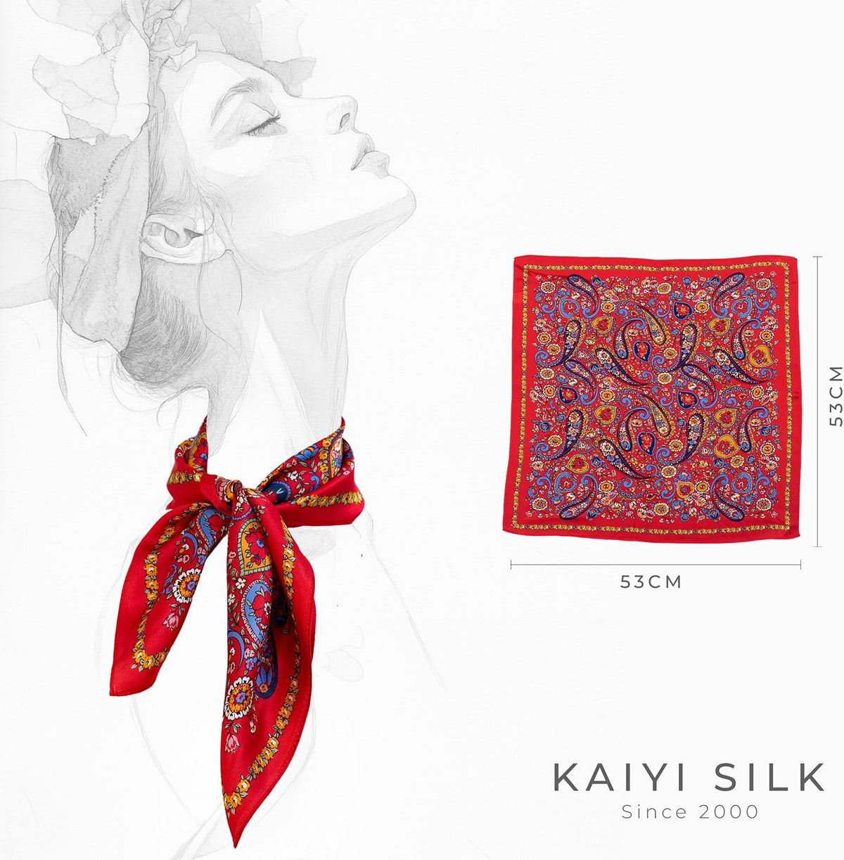 KY Stories 53x53CM 100% Pure Mulberry Silk Scarf for Women